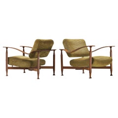Italian Pair of Lounge Chairs in Moss Green Chenille and Walnut 
