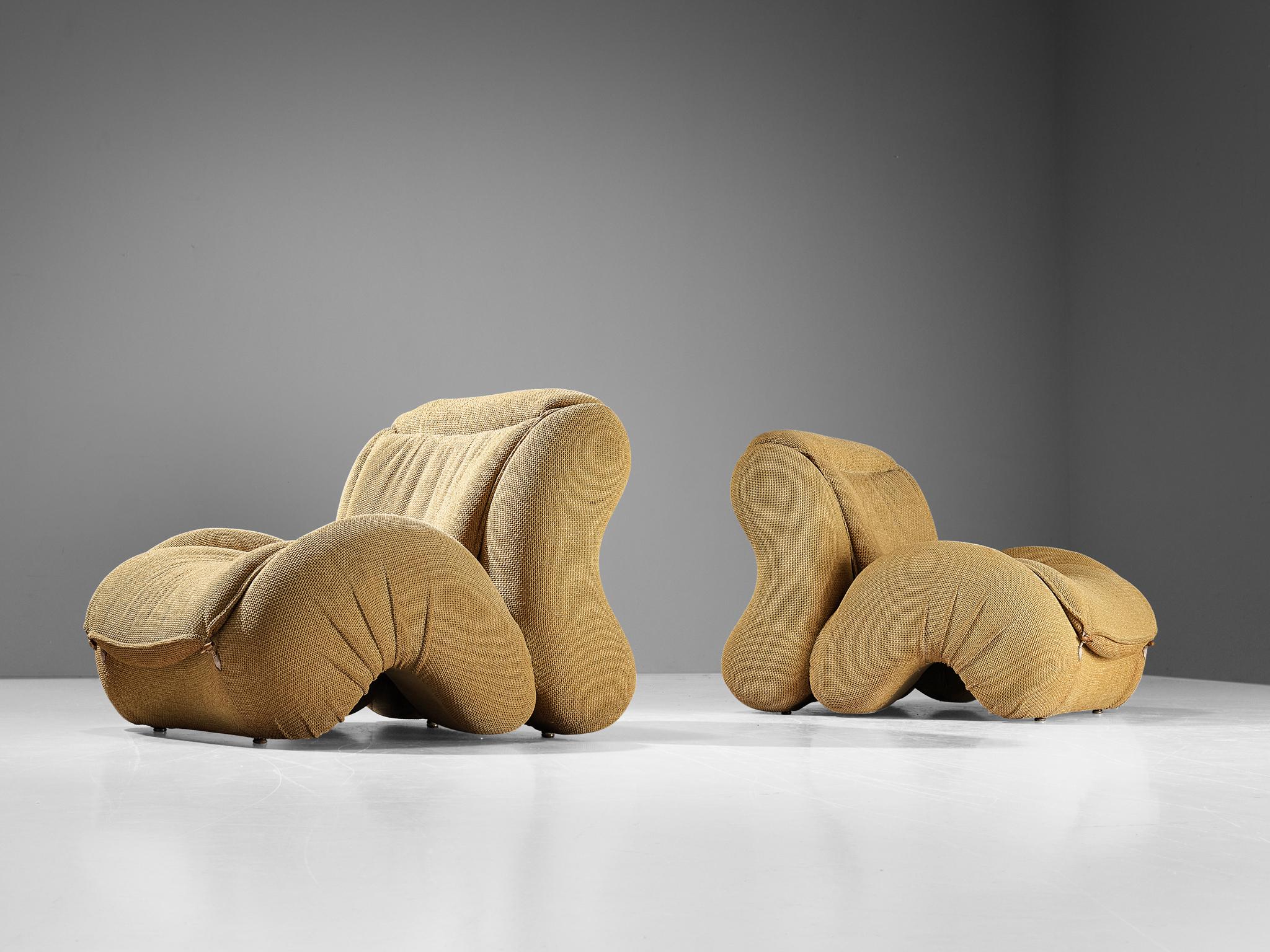 Pair of lounge chairs, velvet, beech, leather, Italy, 1970s 

These postmodern Italian easy chairs will surely grab the viewer's attention. The construction is based on enlarged biomorphic shapes with curvaceous lines and bold shapes dominating
