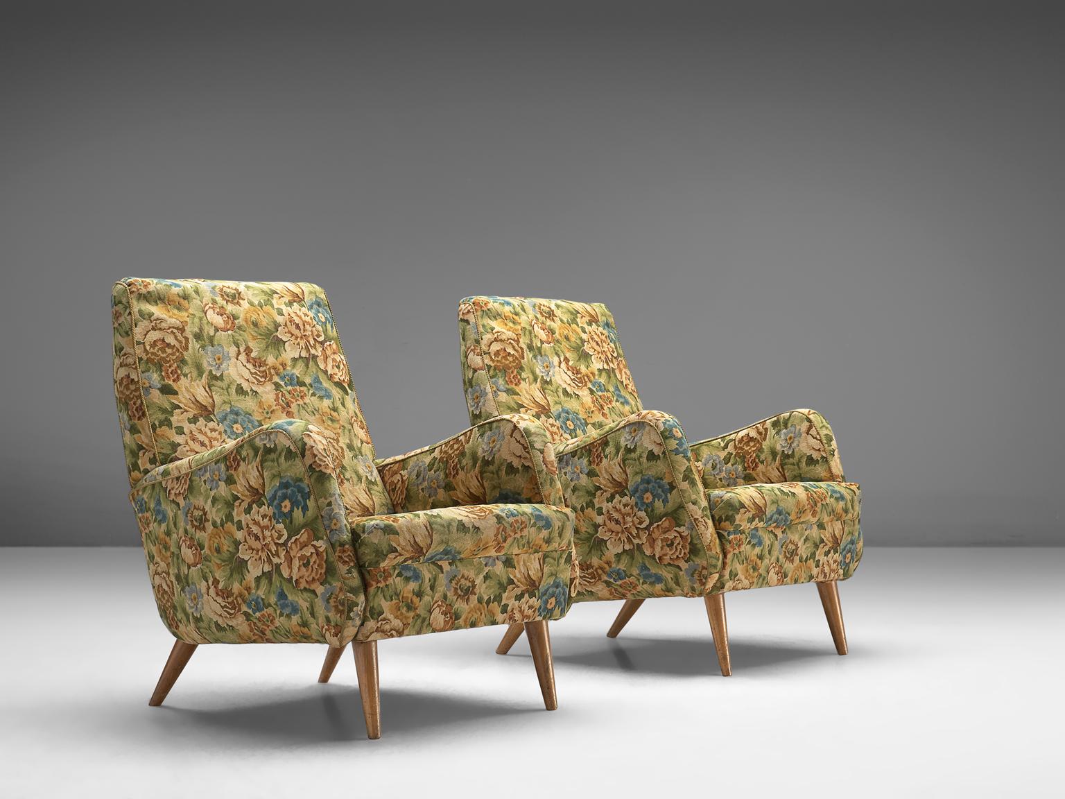 Mid-Century Modern Italian Pair of Lounge Chairs in Original Floral Upholstery
