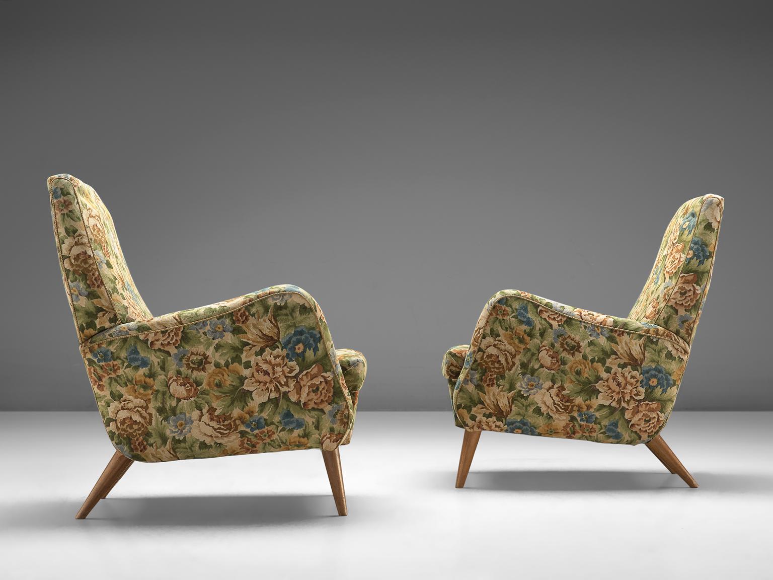 Mid-20th Century Italian Pair of Lounge Chairs in Original Floral Upholstery