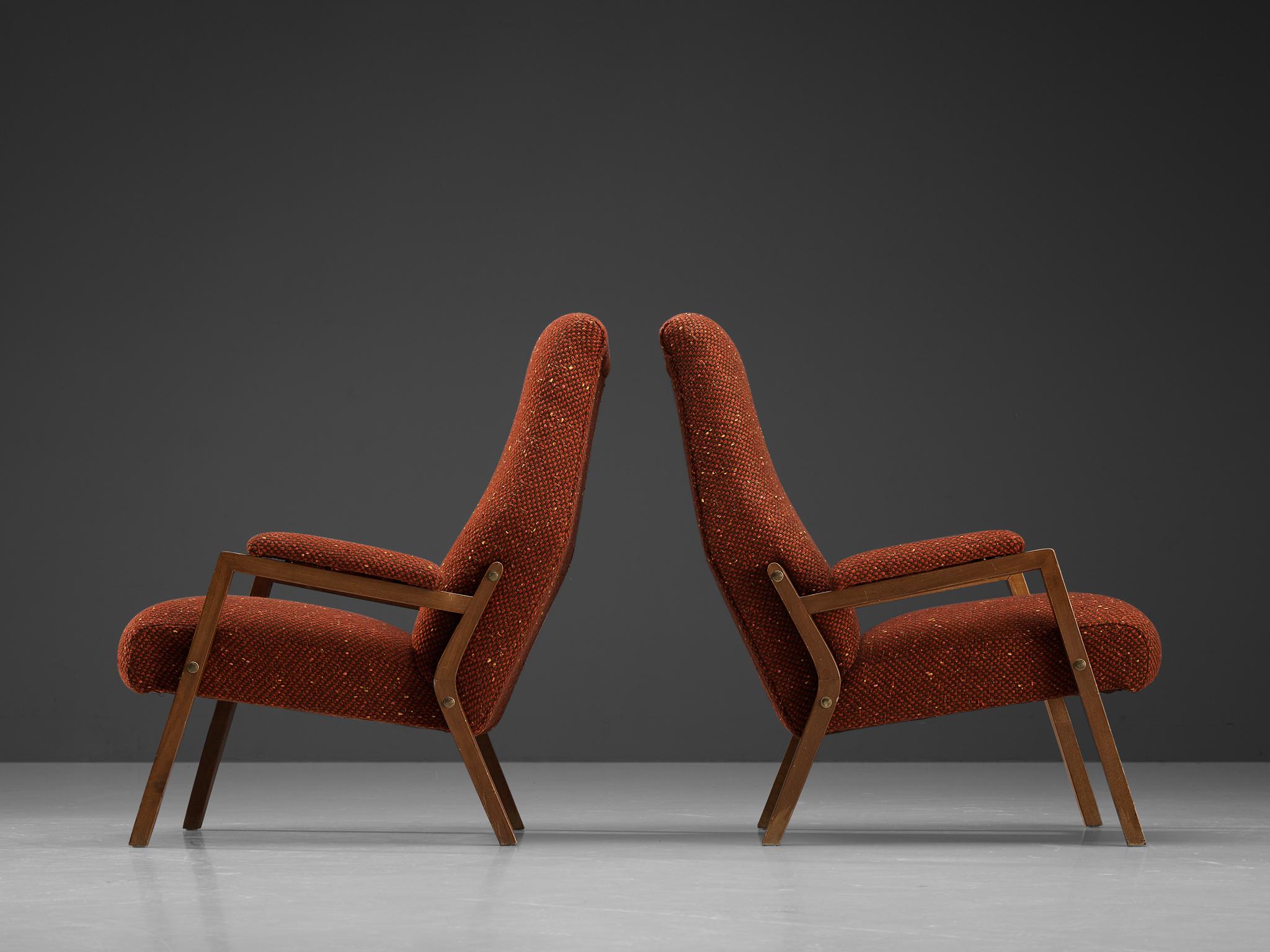 Mid-Century Modern Italian Pair of Lounge Chairs in Patterned Brown Red Upholstery For Sale
