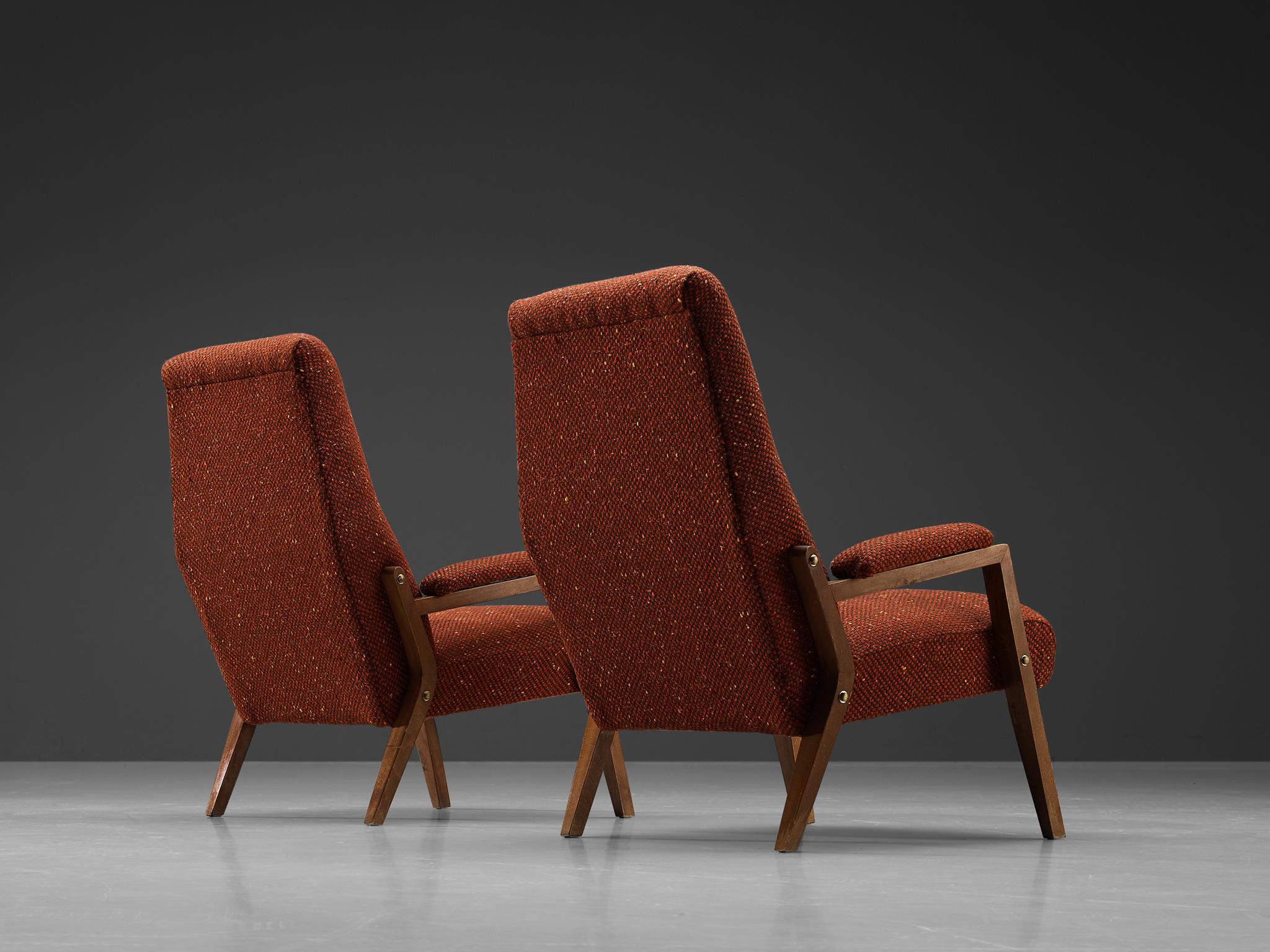 Mid-20th Century Italian Pair of Lounge Chairs in Patterned Brown Red Upholstery For Sale