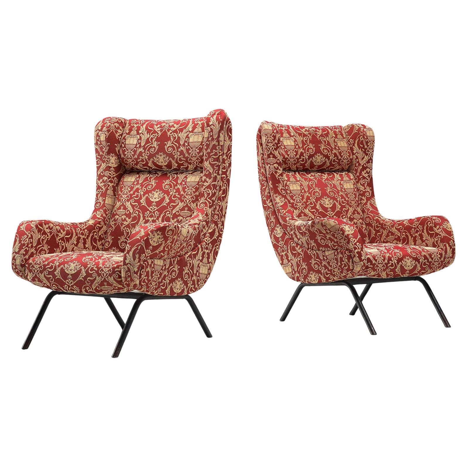 Italian Pair of Lounge Chairs in Red Decorative Upholstery