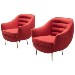 Italian Pair of Lounge Chairs in Red Fabric