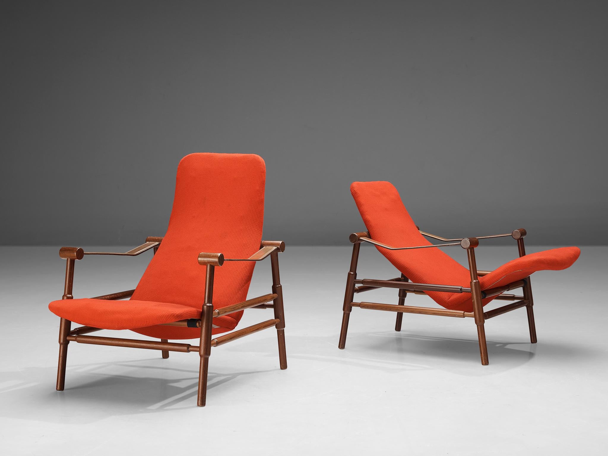 Mid-20th Century Italian Pair of Lounge Chairs in Red Fabric Upholstery