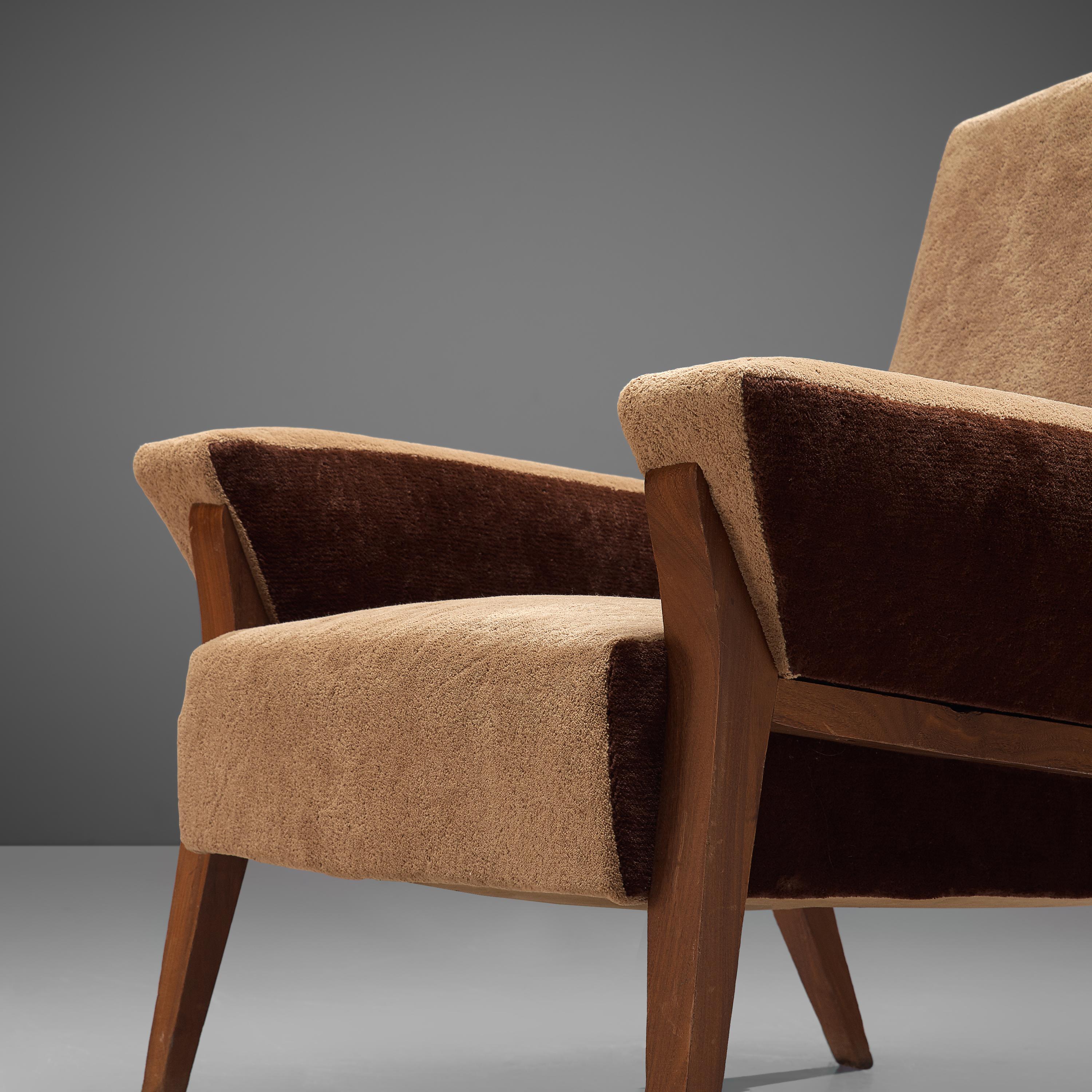 Mid-Century Modern Italian Pair of High Back Lounge Chairs Bicolor Brown Upholstery