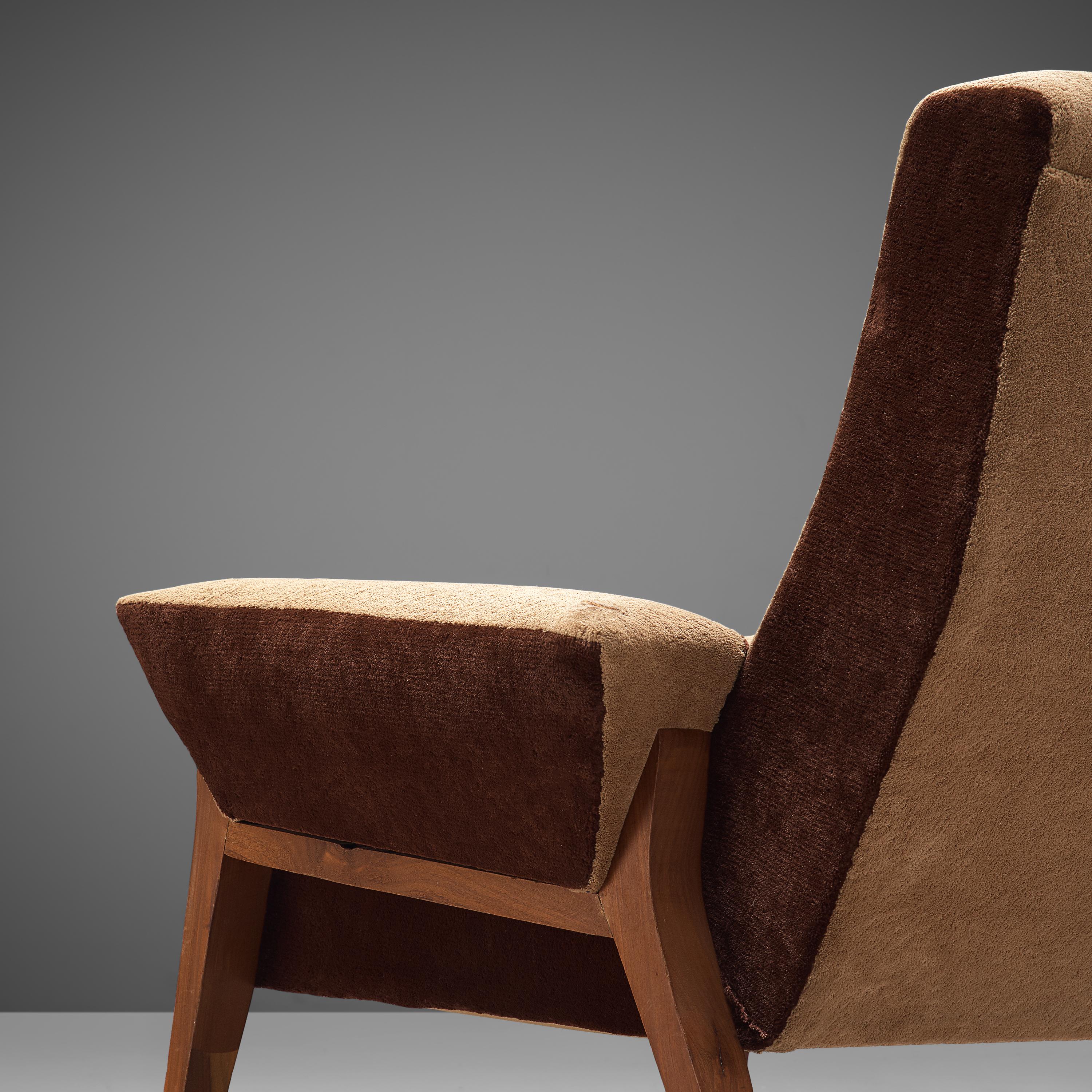 Mid-20th Century Italian Pair of High Back Lounge Chairs Bicolor Brown Upholstery