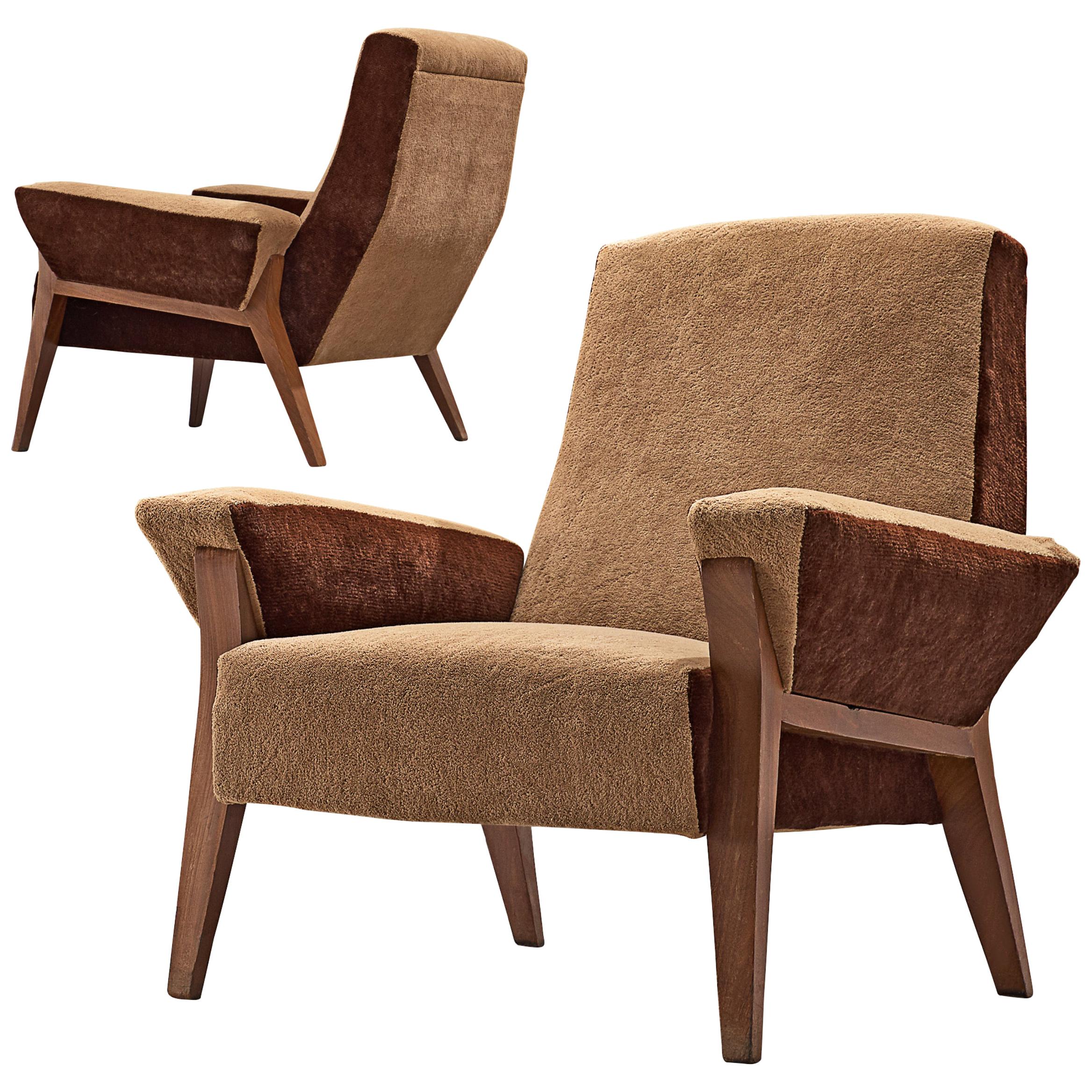 Italian Pair of High Back Lounge Chairs Bicolor Brown Upholstery