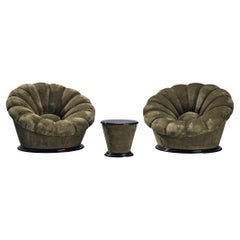 Italian Pair of Lounge Chairs with Coffee Table in Khaki Green Velvet