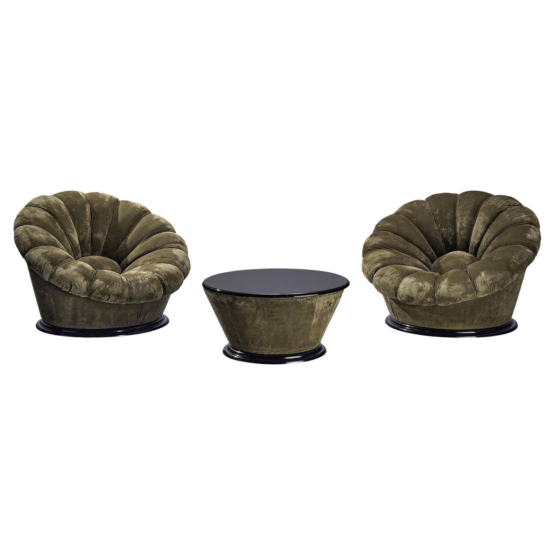 Italian Pair of Lounge Chairs with Coffee Table in Khaki Green Velvet  For Sale