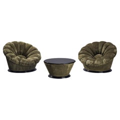Retro Italian Pair of Lounge Chairs with Coffee Table in Khaki Green Velvet 