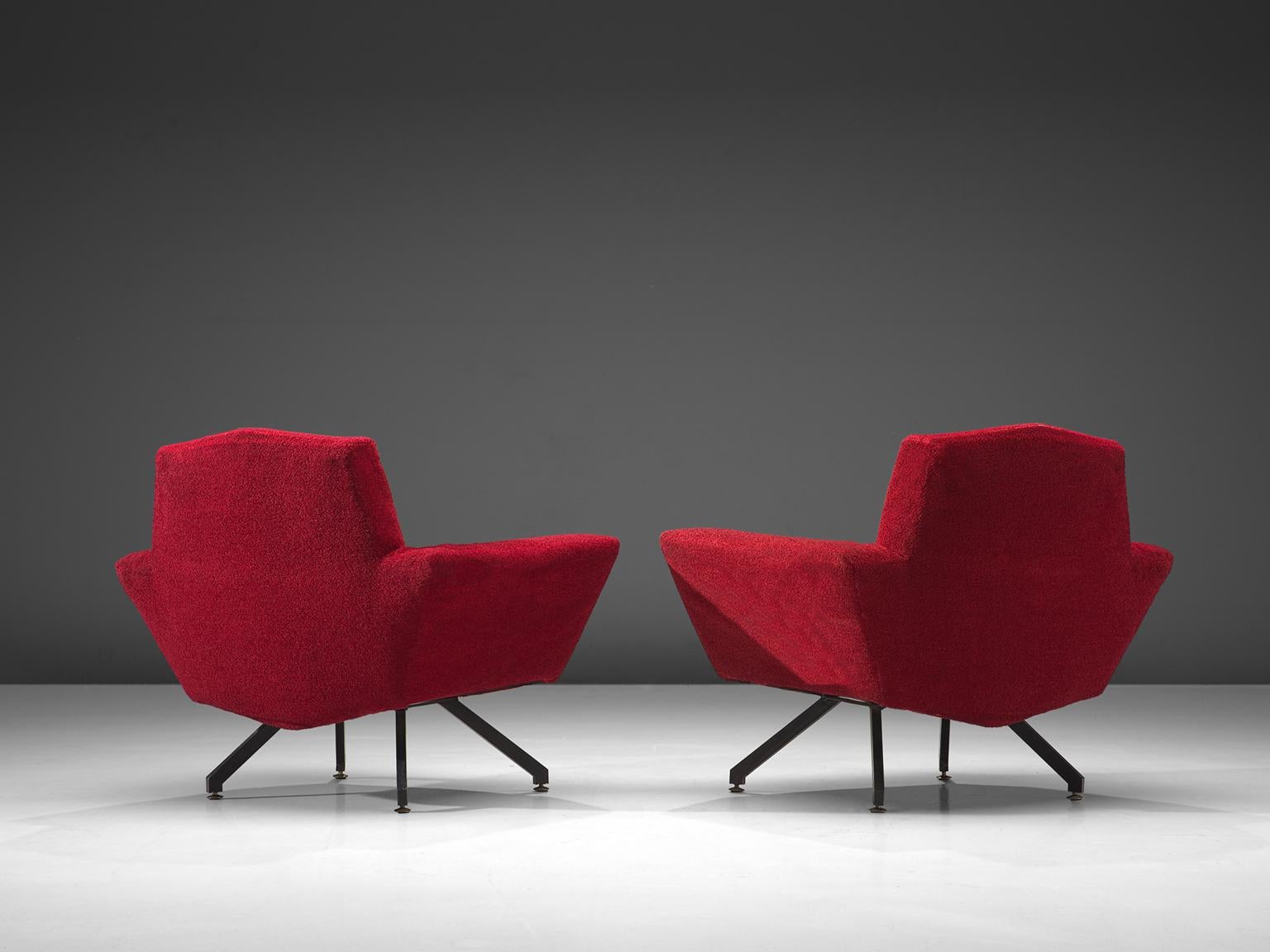 Mid-Century Modern Italian Pair of Lounge Chairs with Red Upholstery