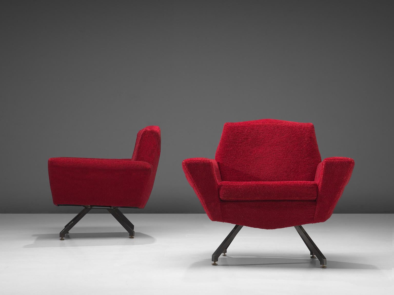 Italian Studio APA for Lenzi Pair of Lounge Chairs in Red Upholstery