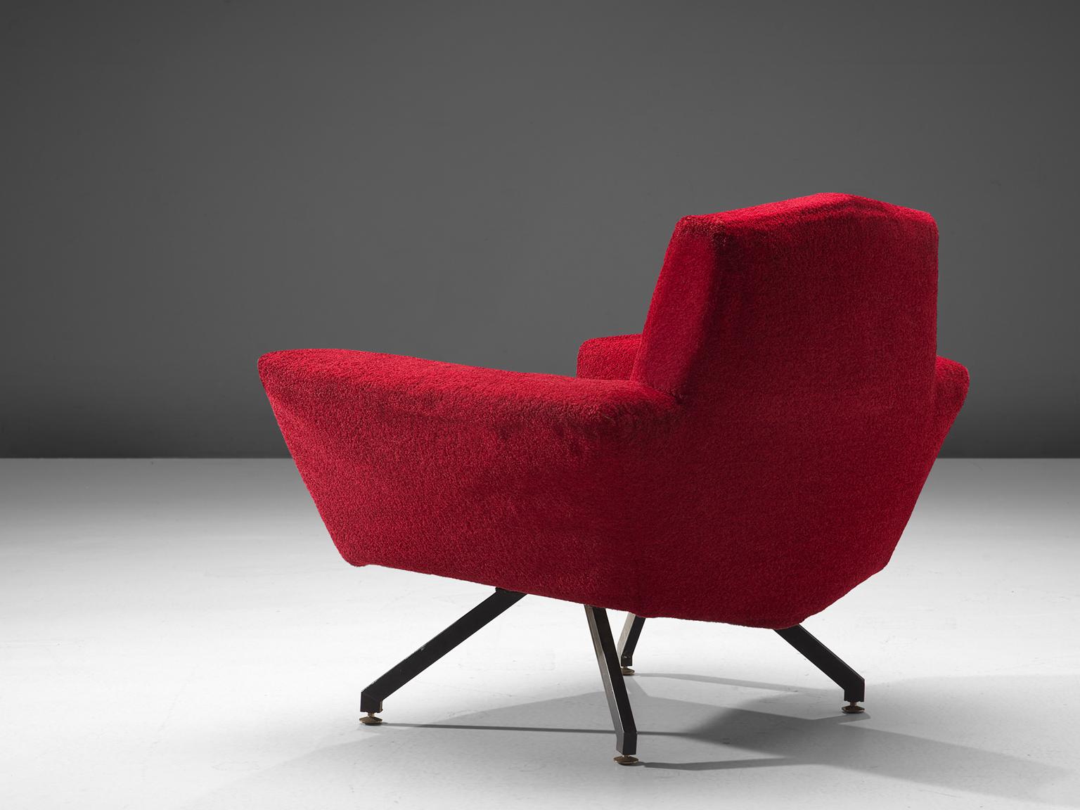 Mid-20th Century Italian Pair of Lounge Chairs with Red Upholstery