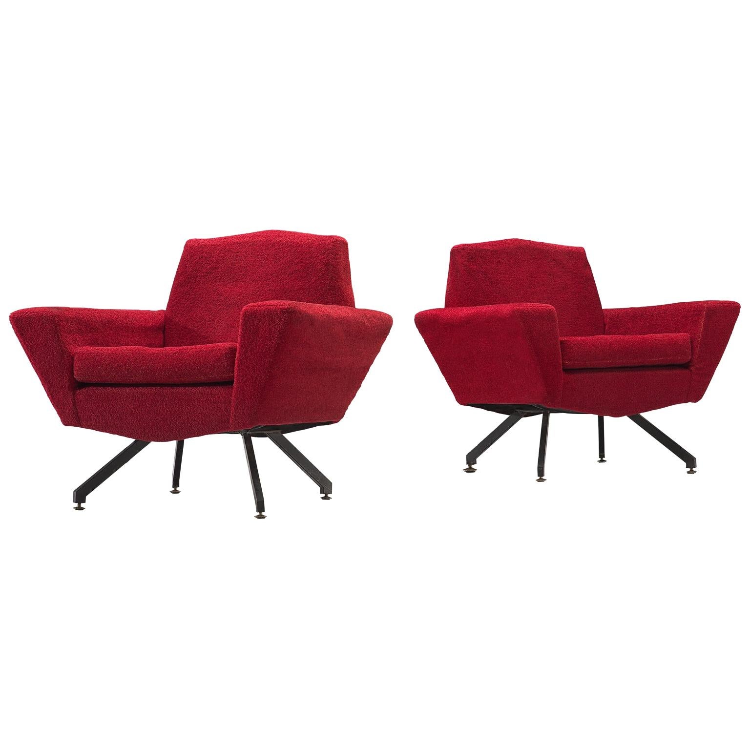 Italian Pair of Lounge Chairs with Red Upholstery