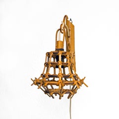 1960s Pair Sconces "Lantern" Wall Lamp in Rattan & Bamboo attrib. Louis Sognot
