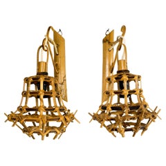 1960s Pair Sconces "Lantern" Wall Lamp in Rattan & Bamboo attrib. Louis Sognot