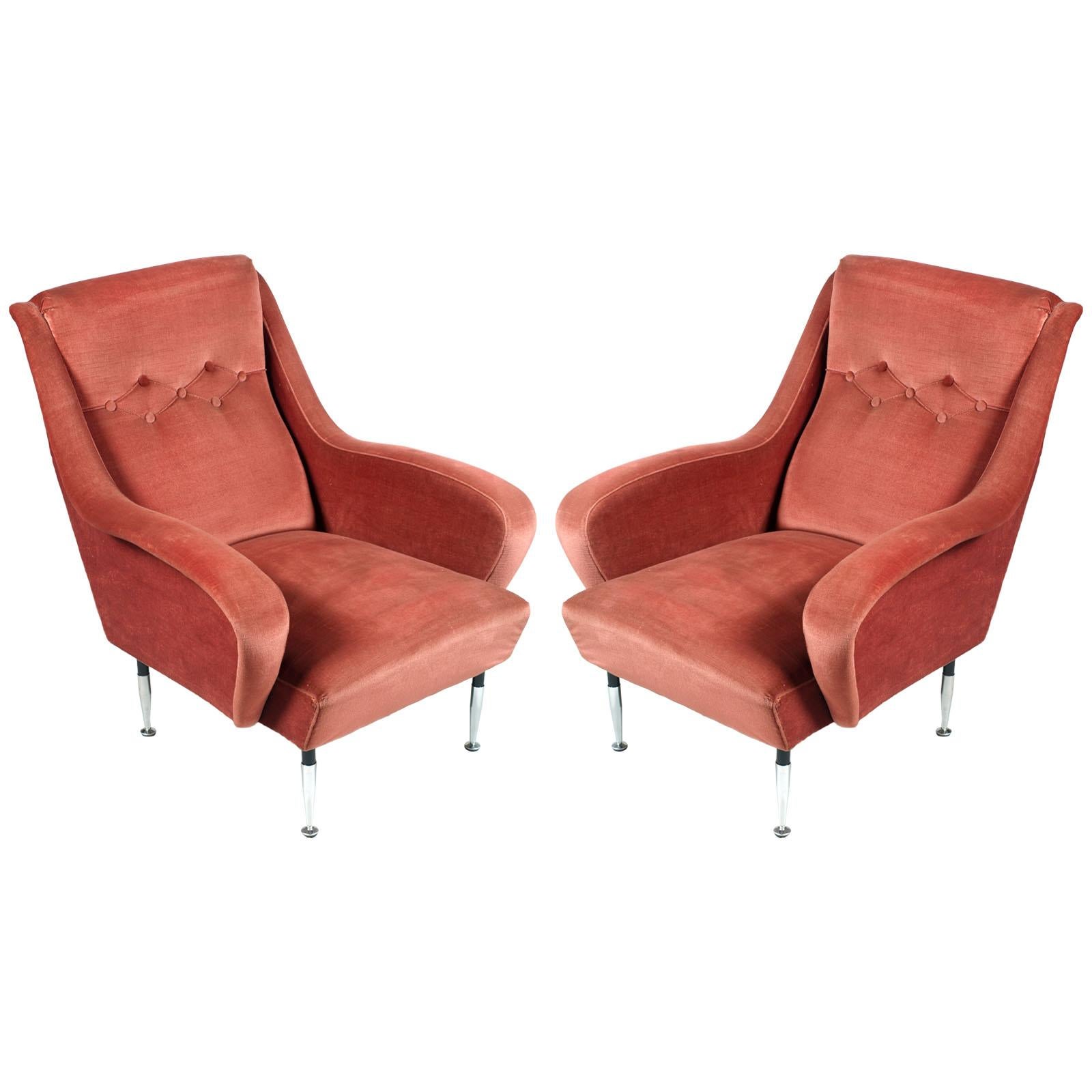 Italian Pair of Mid-Century Modern Lounge Chairs, Paolo Buffa Pink Coral Velvet