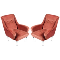 Retro Italian Pair of Mid-Century Modern Lounge Chairs, Paolo Buffa Pink Coral Velvet