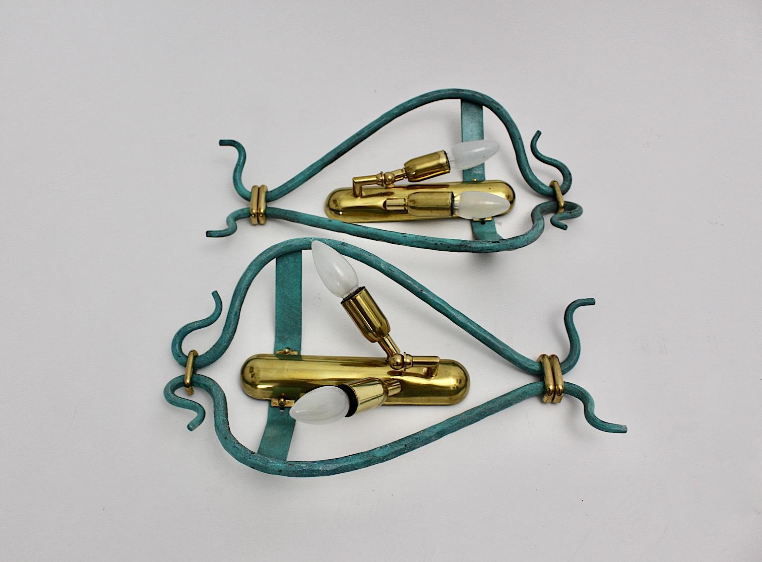 Italian Pair of Mid-Century Modern Vintage Blue Sconces with Brass Details, 1960 For Sale 5