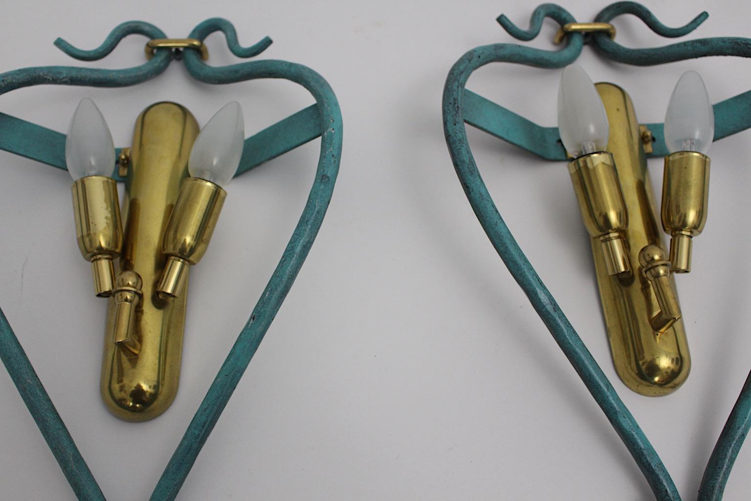 Italian Pair of Mid-Century Modern Vintage Blue Sconces with Brass Details, 1960 For Sale 6