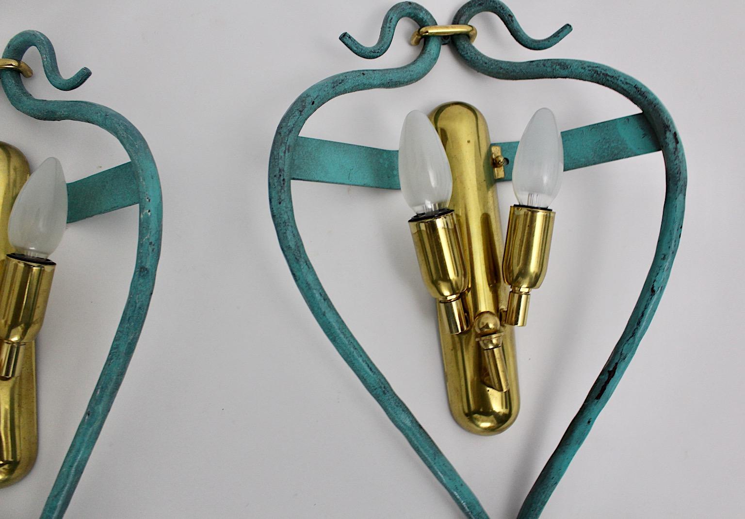 Italian Pair of Mid-Century Modern Vintage Blue Sconces with Brass Details, 1960 For Sale 8
