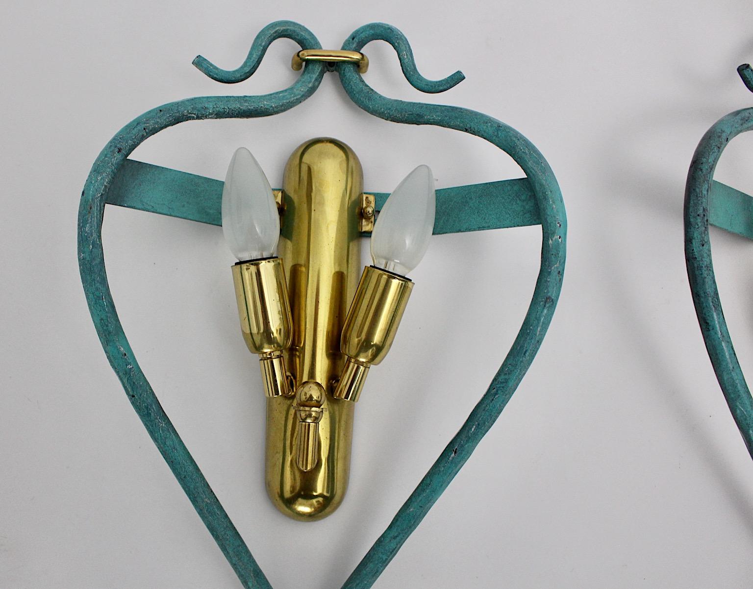 Italian Pair of Mid-Century Modern Vintage Blue Sconces with Brass Details, 1960 For Sale 11