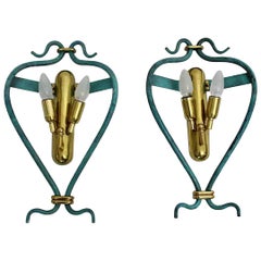 Italian Pair of Mid-Century Modern Vintage Blue Sconces with Brass Details, 1960
