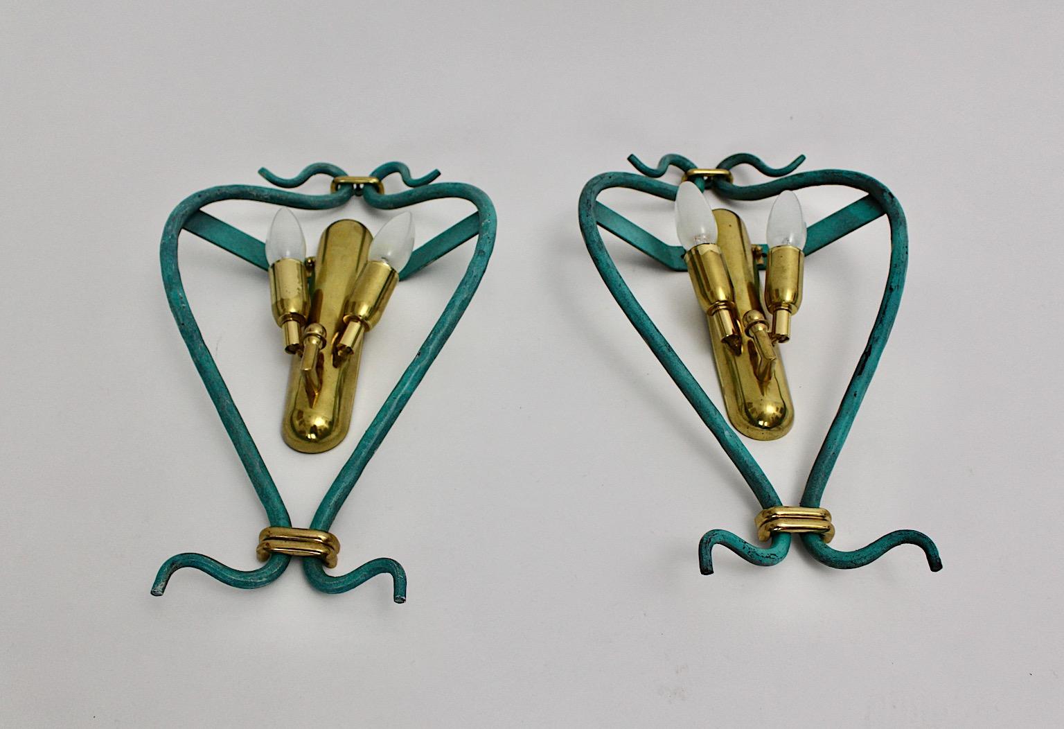 Lacquered Italian Pair of Mid-Century Modern Vintage Blue Sconces with Brass Details, 1960 For Sale