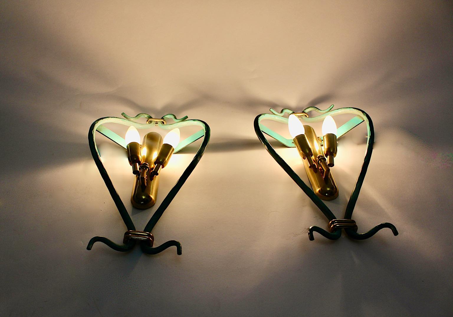 Iron Italian Pair of Mid-Century Modern Vintage Blue Sconces with Brass Details, 1960 For Sale