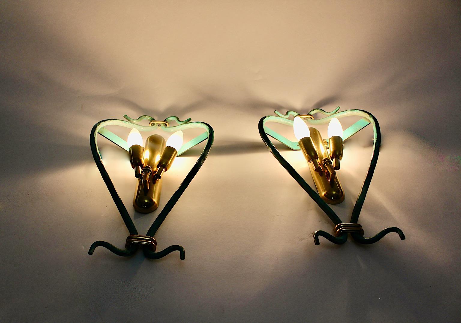 Italian Pair of Mid-Century Modern Vintage Blue Sconces with Brass Details, 1960 For Sale 1