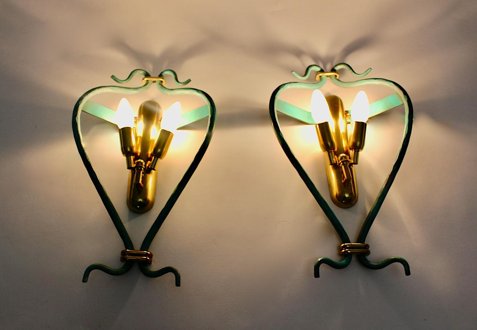 Italian Pair of Mid-Century Modern Vintage Blue Sconces with Brass Details, 1960 For Sale 1