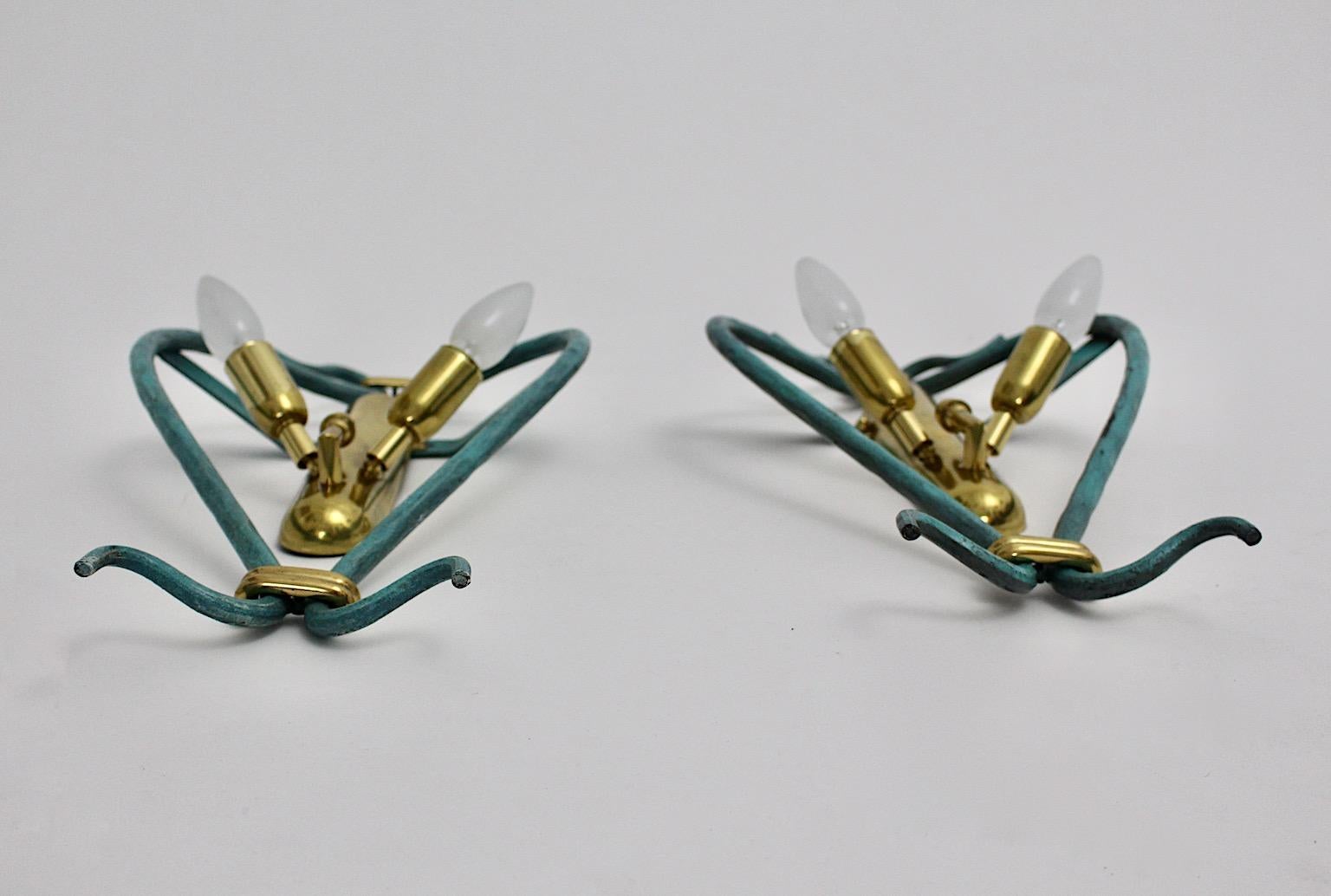 Italian Pair of Mid-Century Modern Vintage Blue Sconces with Brass Details, 1960 For Sale 2