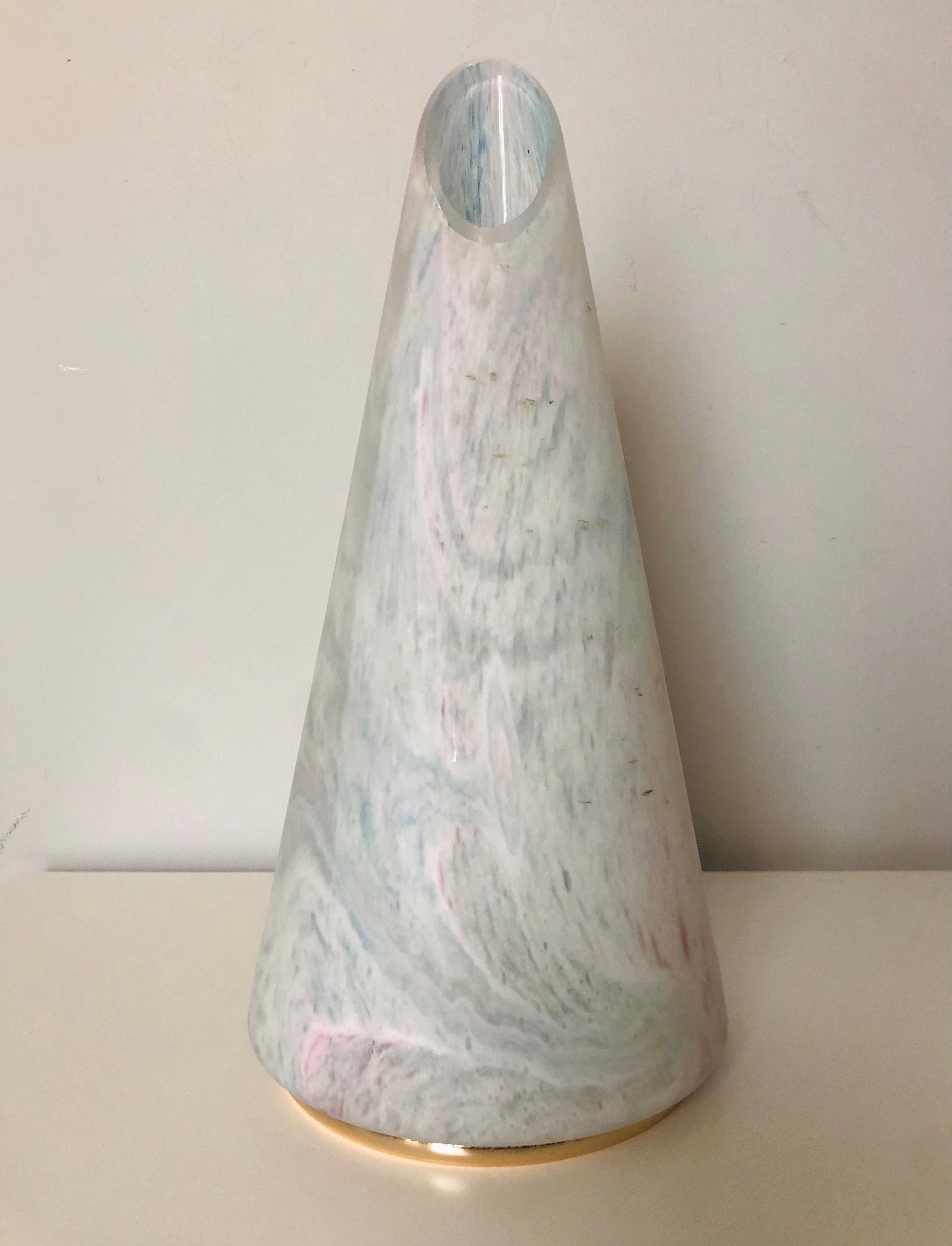 Stunning, beauty and unique Pair of Murano glass cone shape Table Lamps. These fixtures designed and manufactured during the 1980s in Italy.
Mazzega lie in the noble Venetian glassworking tradition; the firm was founded Angelo Vittorio Mazzega in