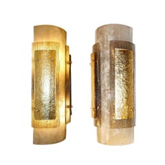 Italian Pair of Modern Gold Smoked Gray and Frosted Ivory Murano Glass Sconces