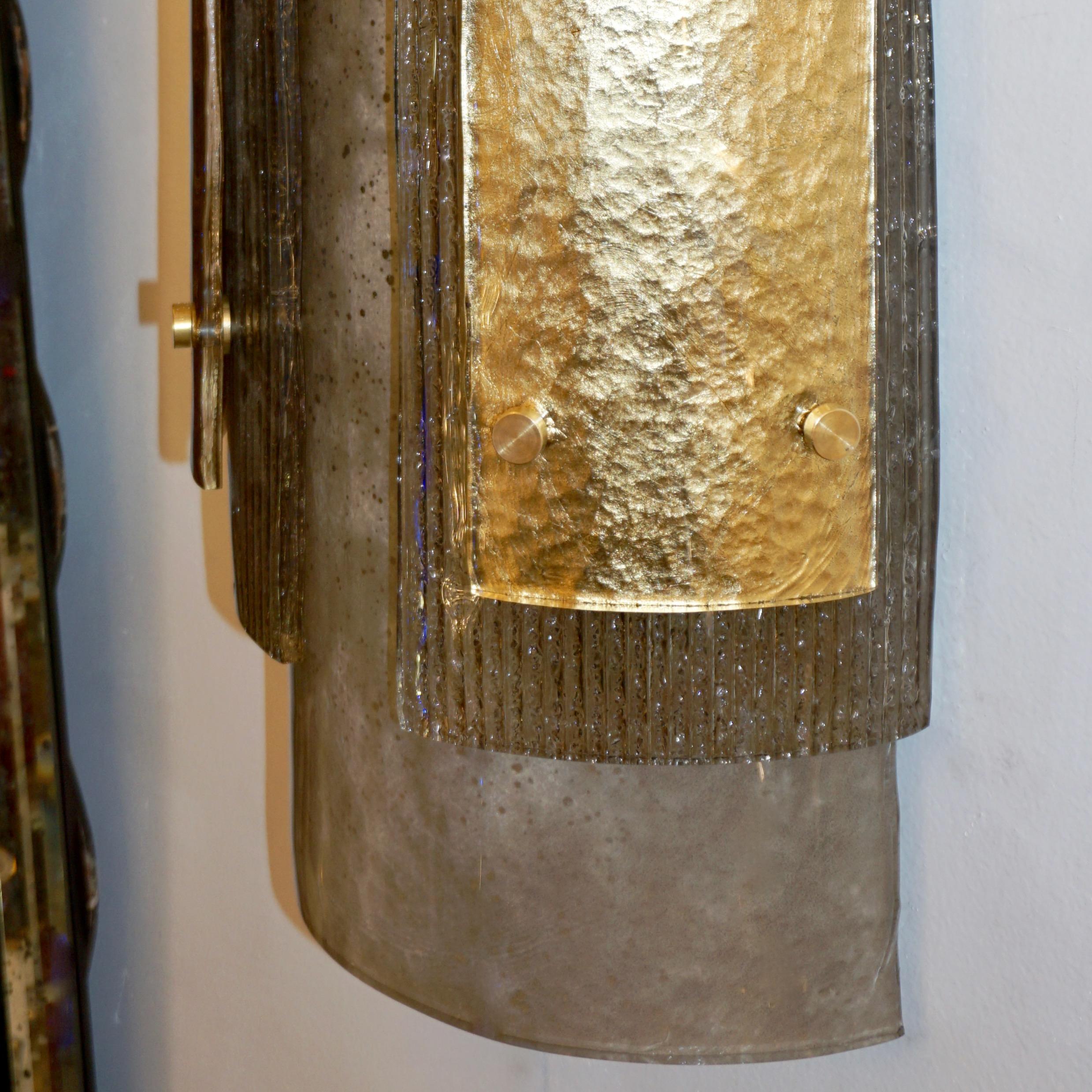Metal Italian Pair of Modern Gold Smoked Gray and Frosted Ivory Murano Glass Sconces For Sale