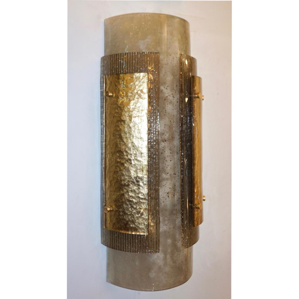 Italian Pair of Modern Gold Smoked Gray and Frosted Ivory Murano Glass Sconces For Sale 1