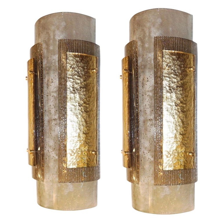 Italian Pair of Modern Gold Smoked Gray and Frosted Ivory Murano Glass Sconces For Sale