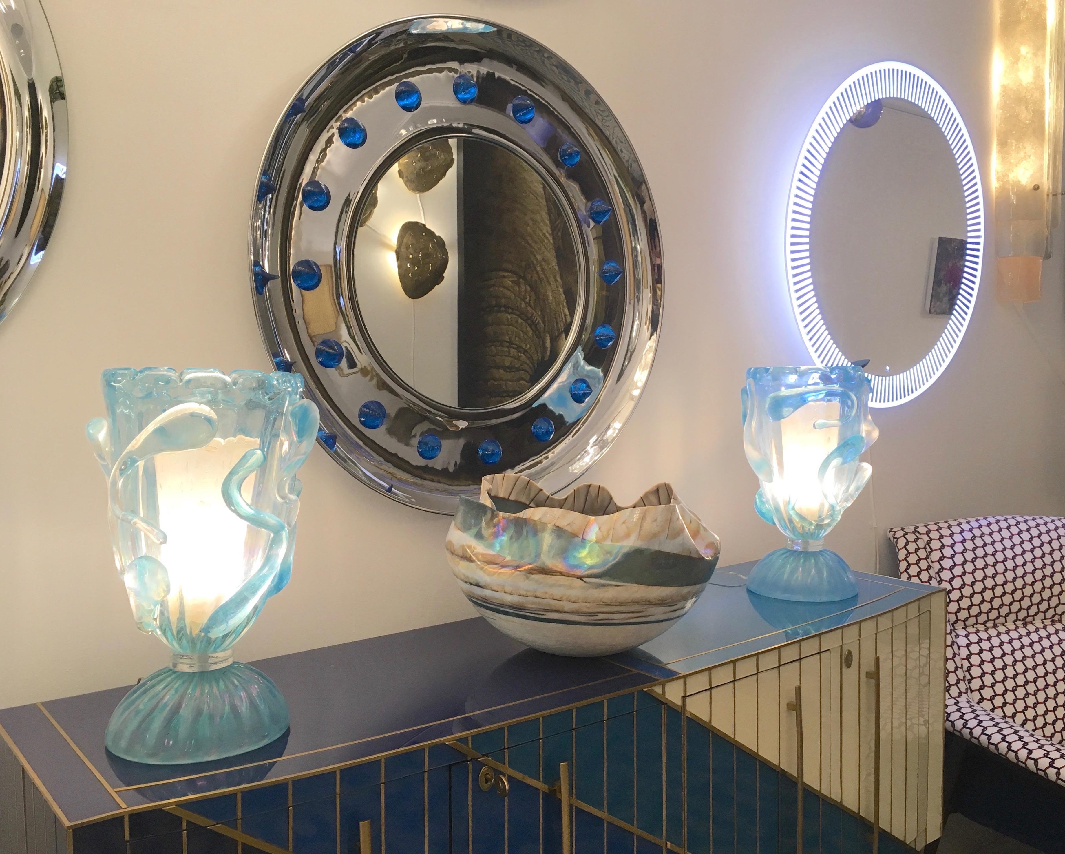 Italian Pair of Modern Nickel Round Mirrors with Jewel like Blue Murano Glass For Sale 4