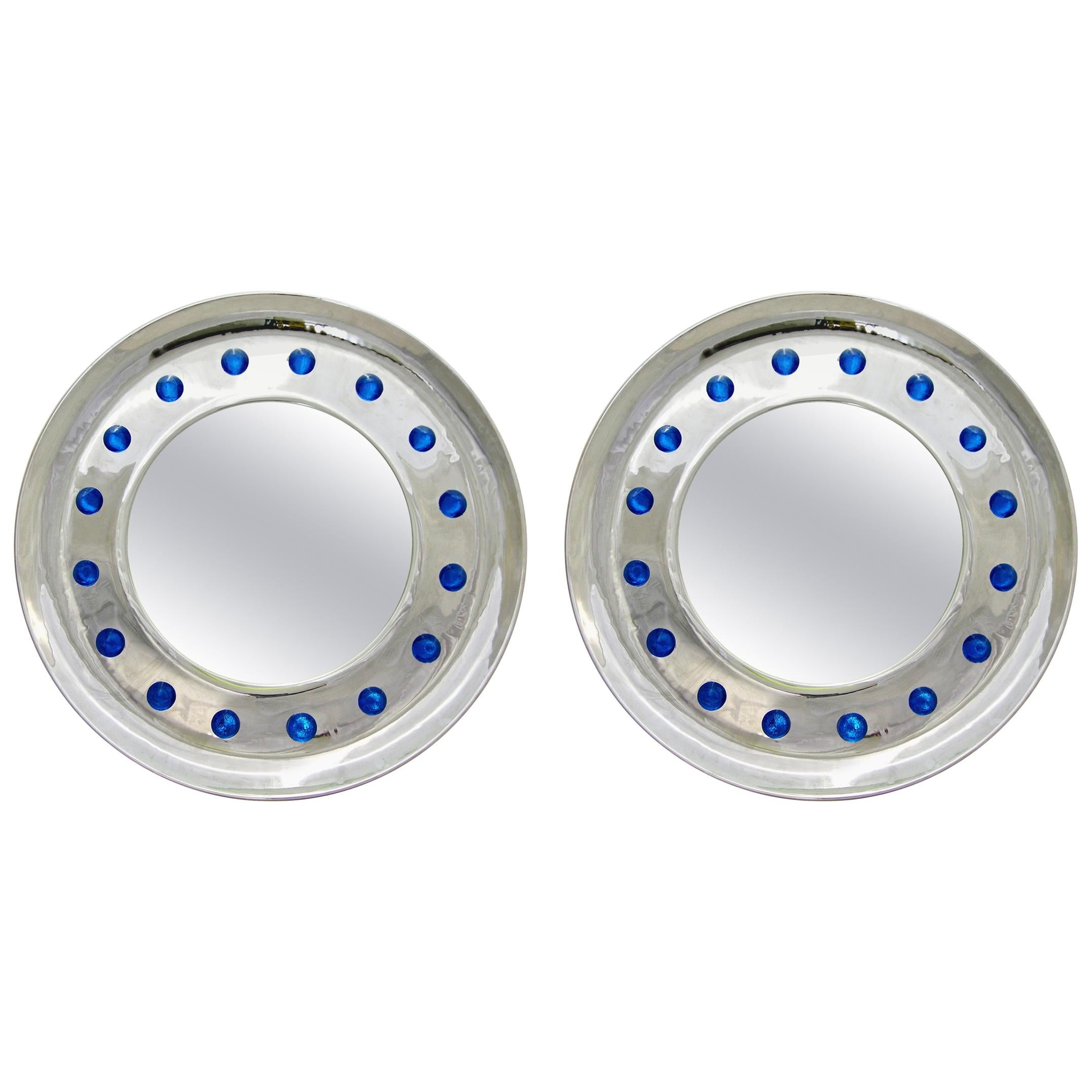 Italian Pair of Modern Nickel Round Mirrors with Jewel like Blue Murano Glass For Sale