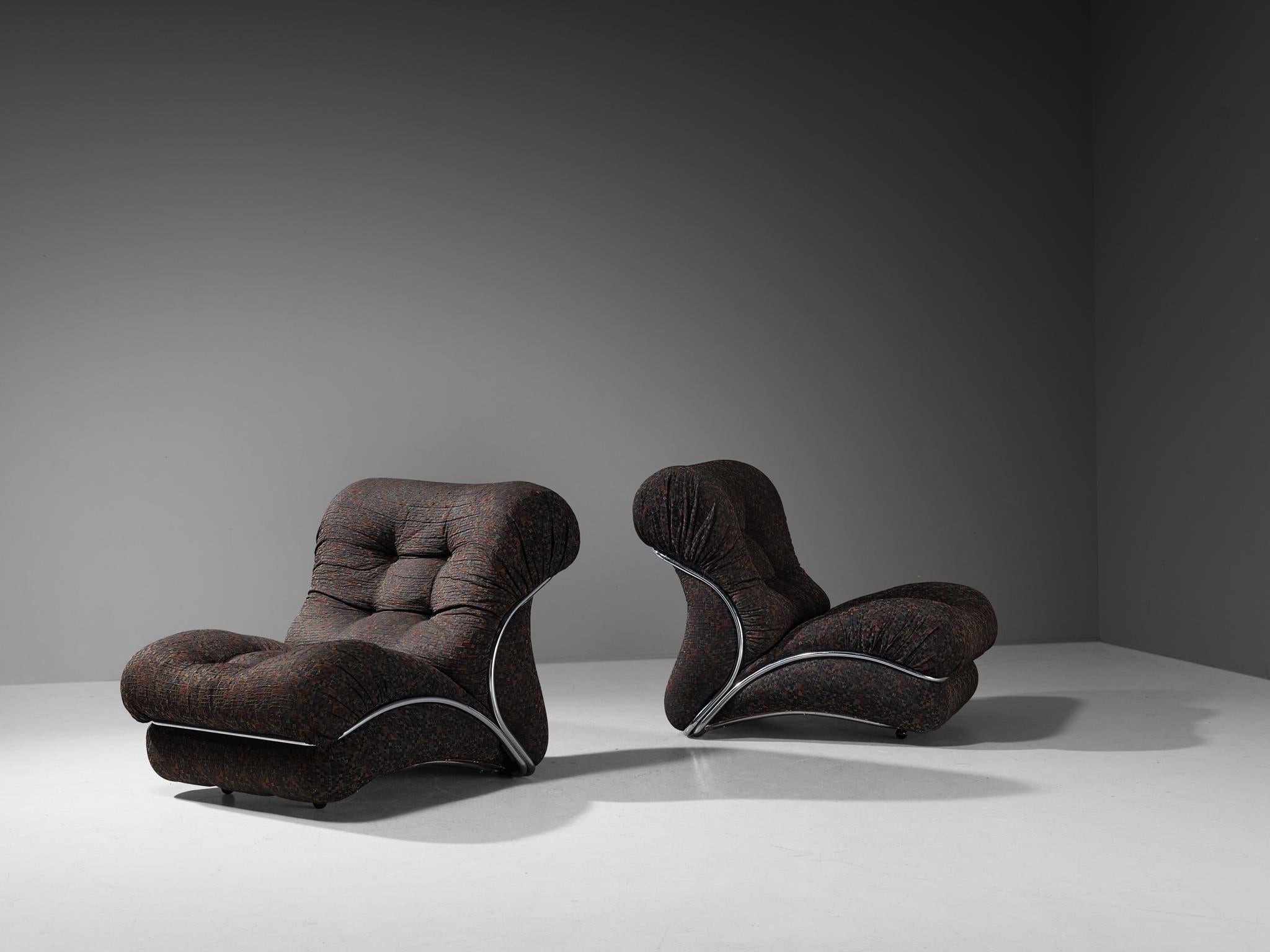 I.P.E. Pair of 'Corolla' Modular Lounge Chairs in Geometric Brown Upholstery For Sale 1