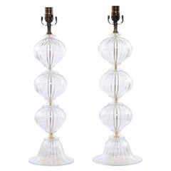 Italian Pair of Murano Hand-Blown Glass Table Lamps, Clear Glass w/Gold Armature