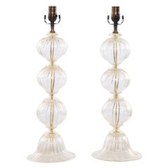 Italian Pair of Murano Hand-Blown Glass Table Lamps, Clear Glass w/Gold Flecks