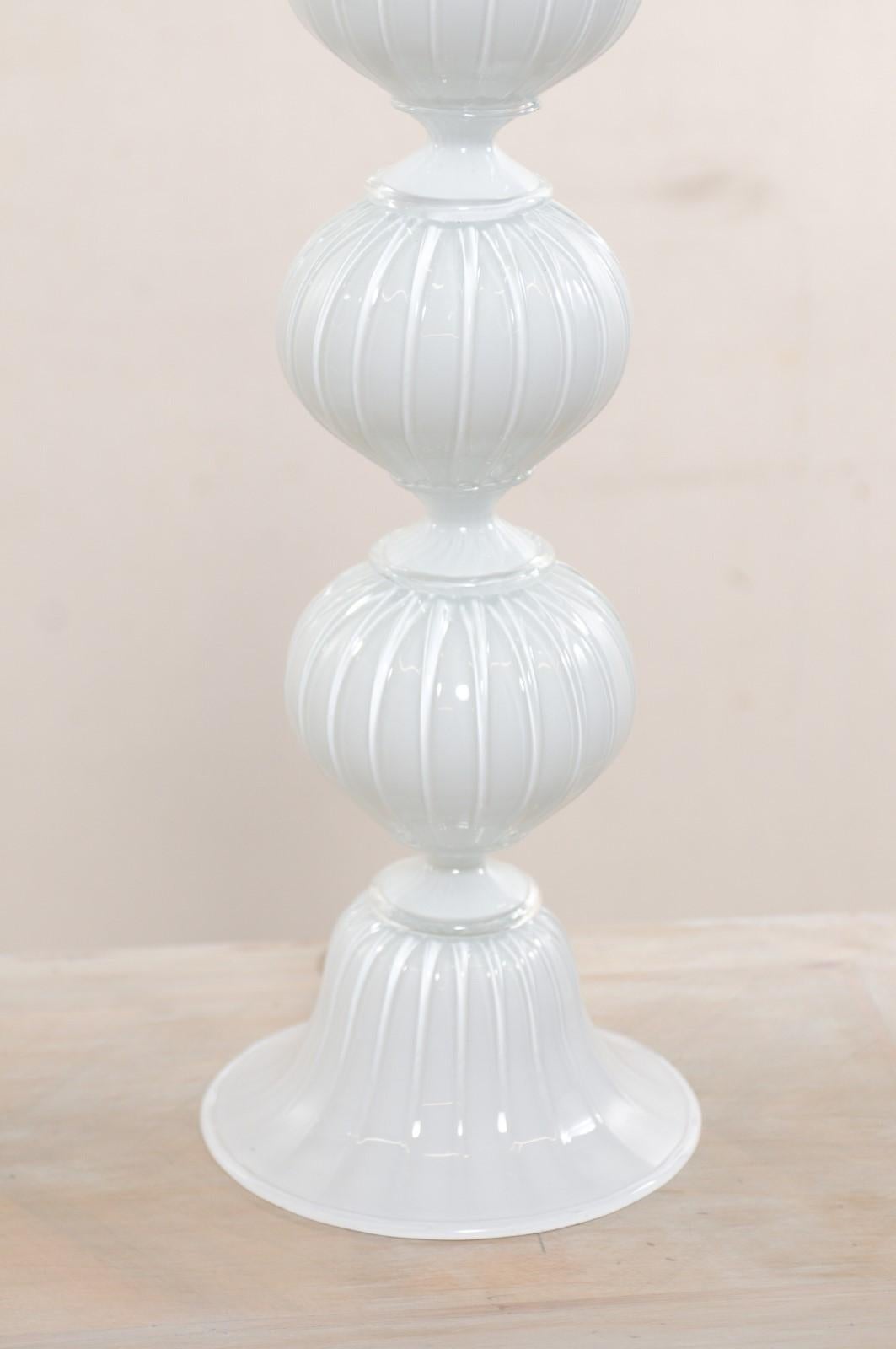 Italian Pair of Murano Hand-Blown Glass Table Lamps, White Glass For Sale 2