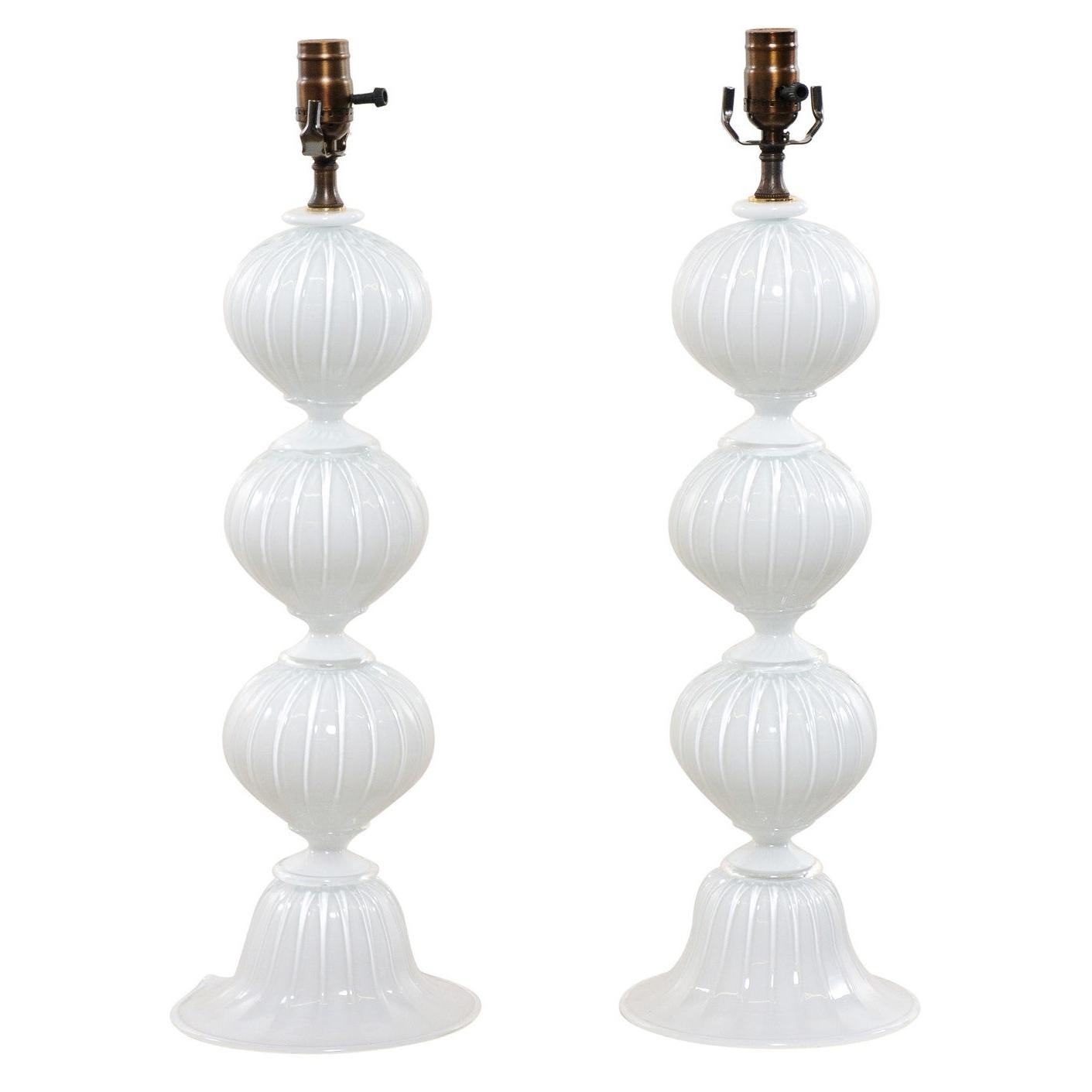 Italian Pair of Murano Hand-Blown Glass Table Lamps, White Glass