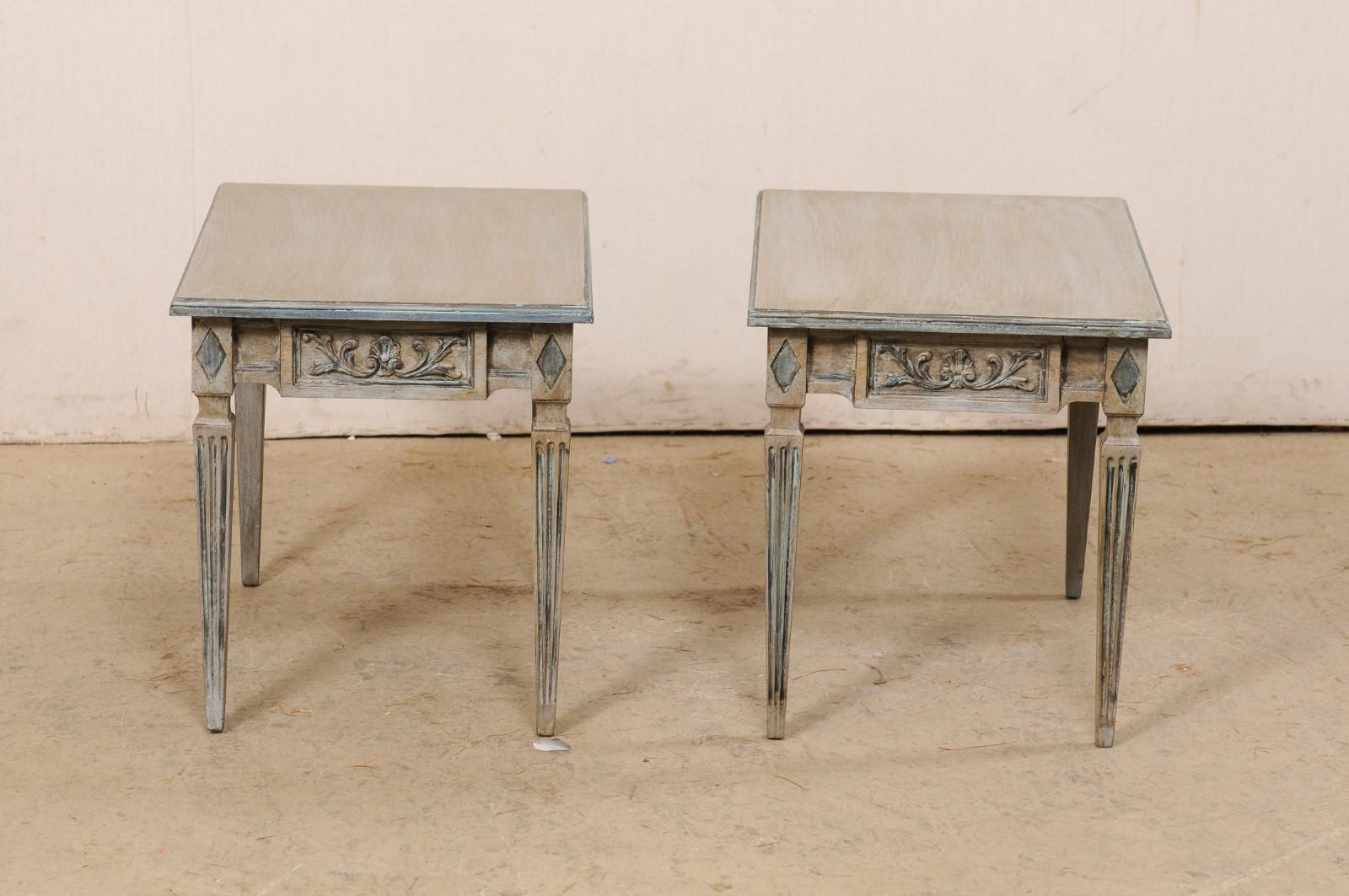 Italian Pair of Nicely Carved & Painted End Tables, Raised on Square Fluted Legs For Sale 5