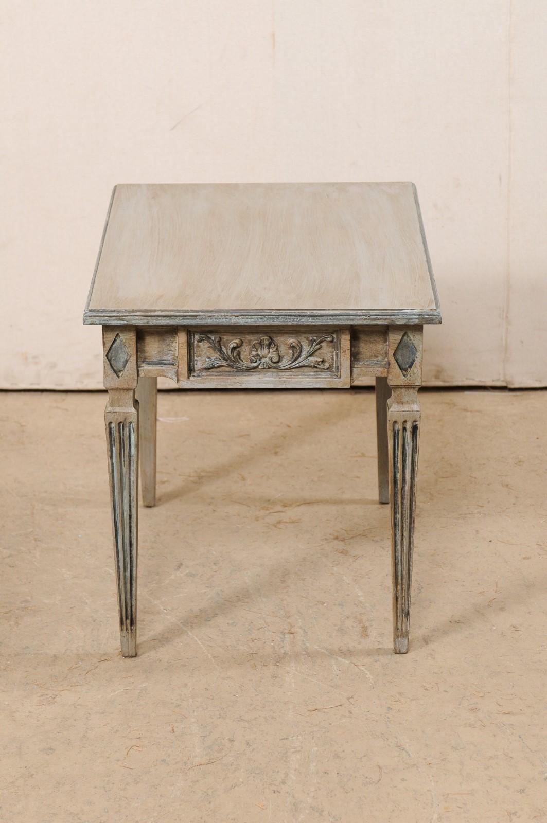 20th Century Italian Pair of Nicely Carved & Painted End Tables, Raised on Square Fluted Legs For Sale