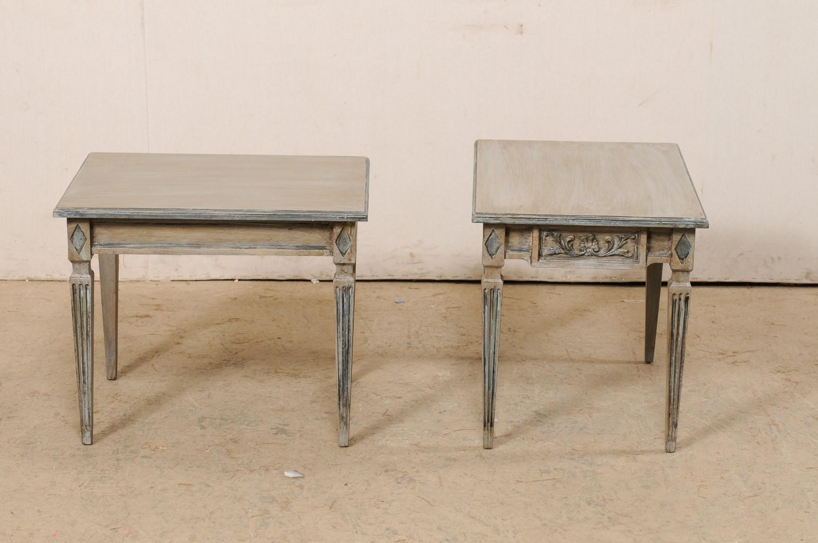 Italian Pair of Nicely Carved & Painted End Tables, Raised on Square Fluted Legs For Sale 1
