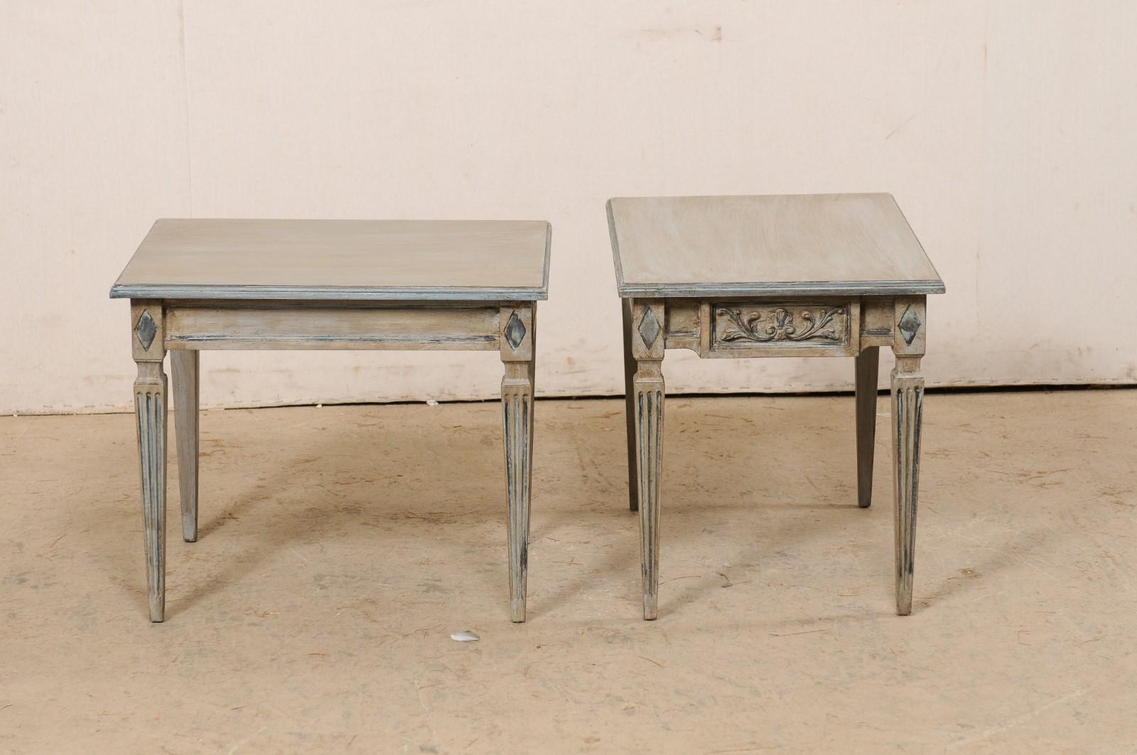 Italian Pair of Nicely Carved & Painted End Tables, Raised on Square Fluted Legs For Sale 3