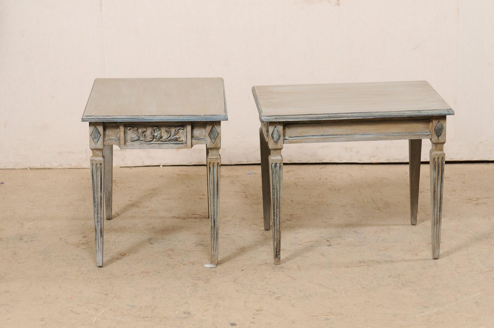 Italian Pair of Nicely Carved & Painted End Tables, Raised on Square Fluted Legs For Sale 4